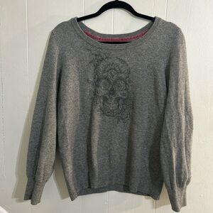 Lucky Brand Cozy Gray Wool Sweater - Size Large - Day of the Dead Skull pattern